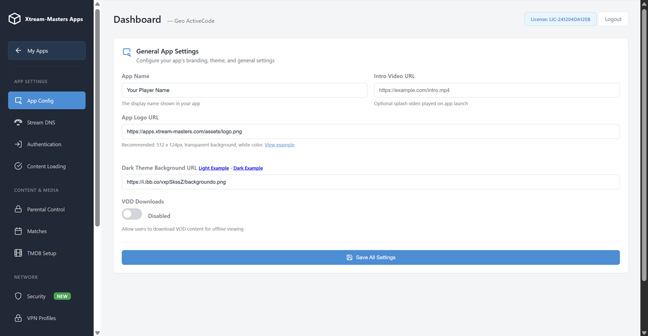ActiveCode IPTV app admin panel device management screenshot 1