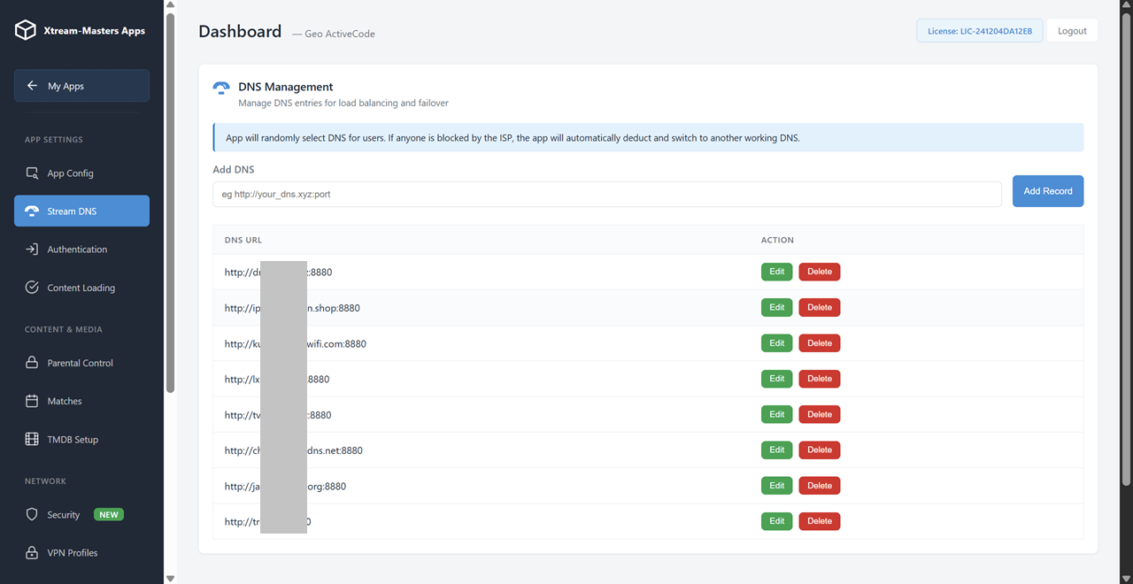 ActiveCode IPTV app admin panel device management screenshot 2